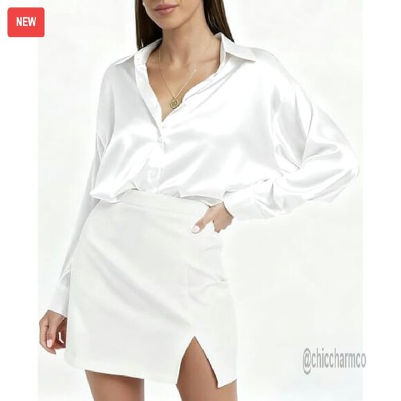 Satin Button Down Blouse Long Sleeve Office Work Business Top - Picture 3 of 5